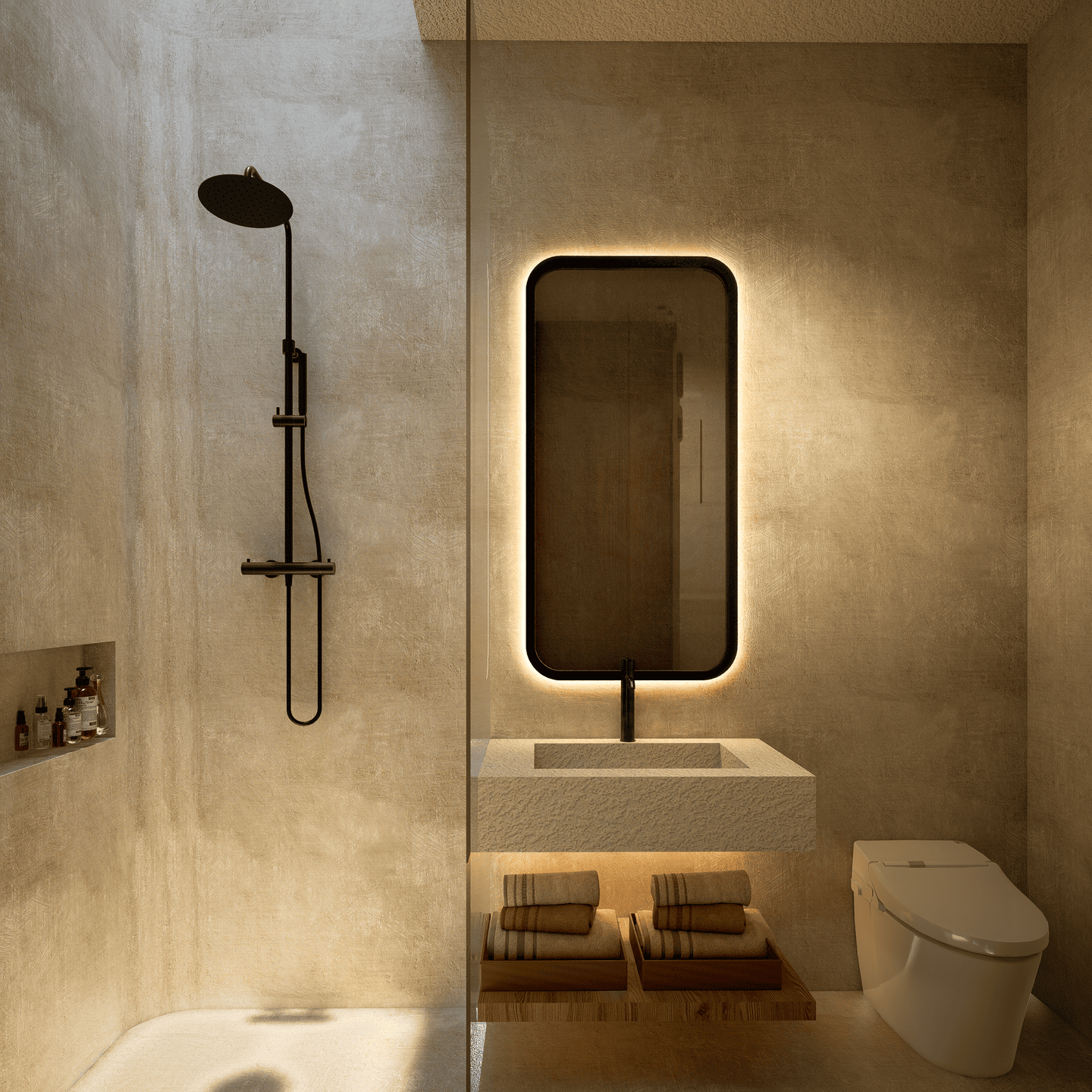 Minimalist bathroom with modern shower and backlit mirror