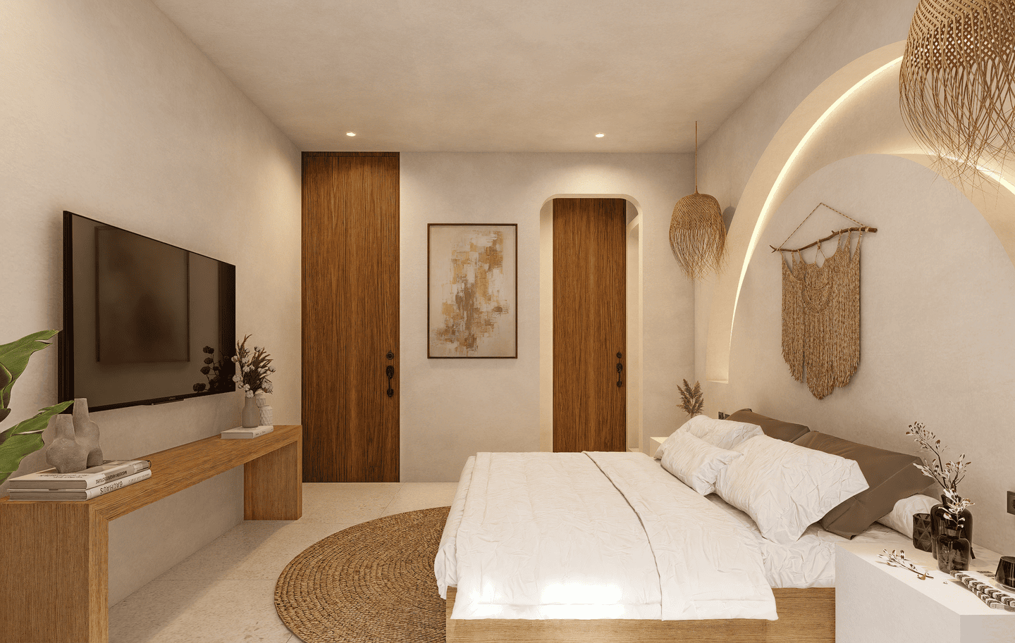 Minimalist bedroom with wooden accents and TV.