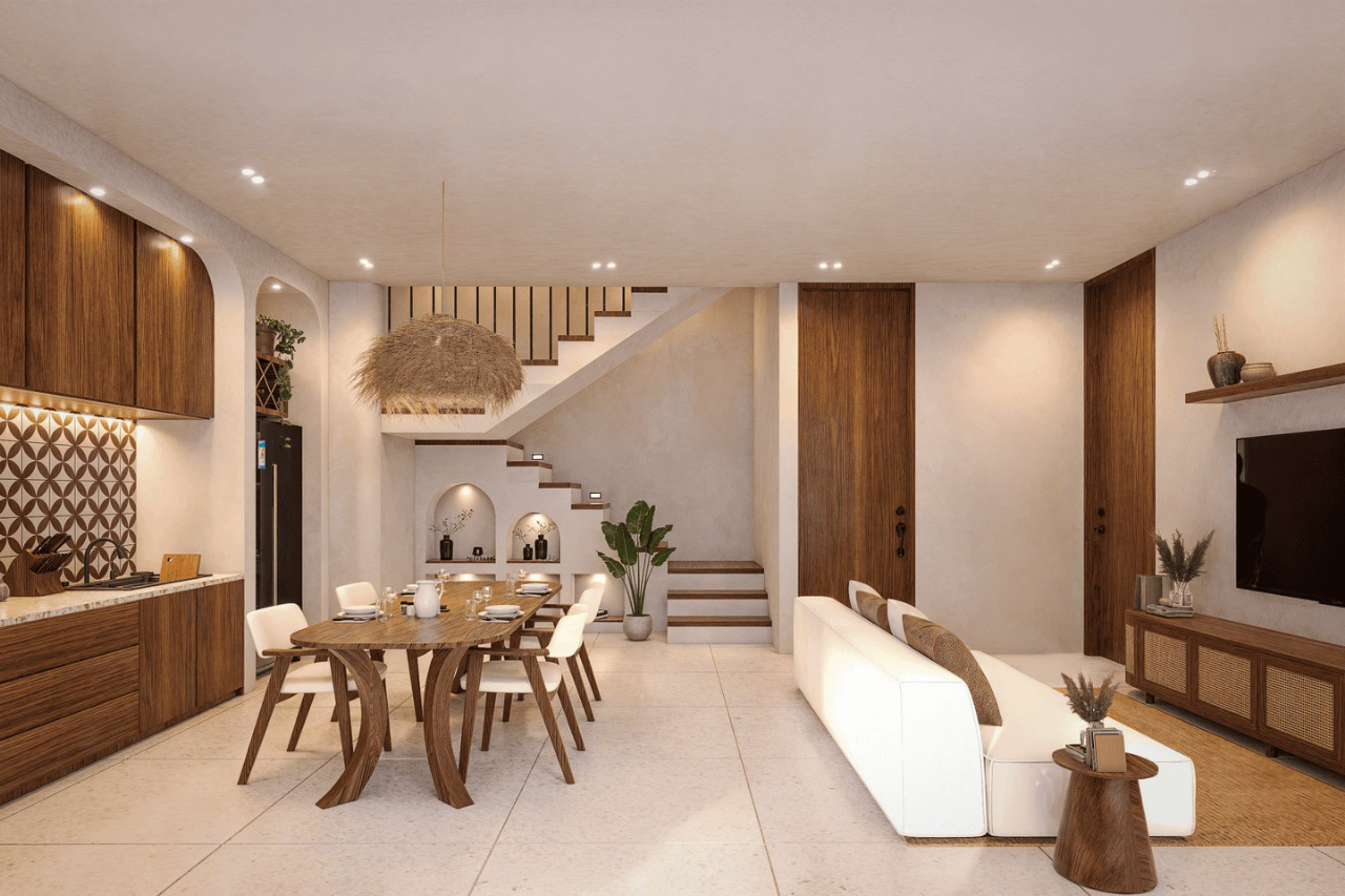 Modern living room with wooden furniture and stairs.