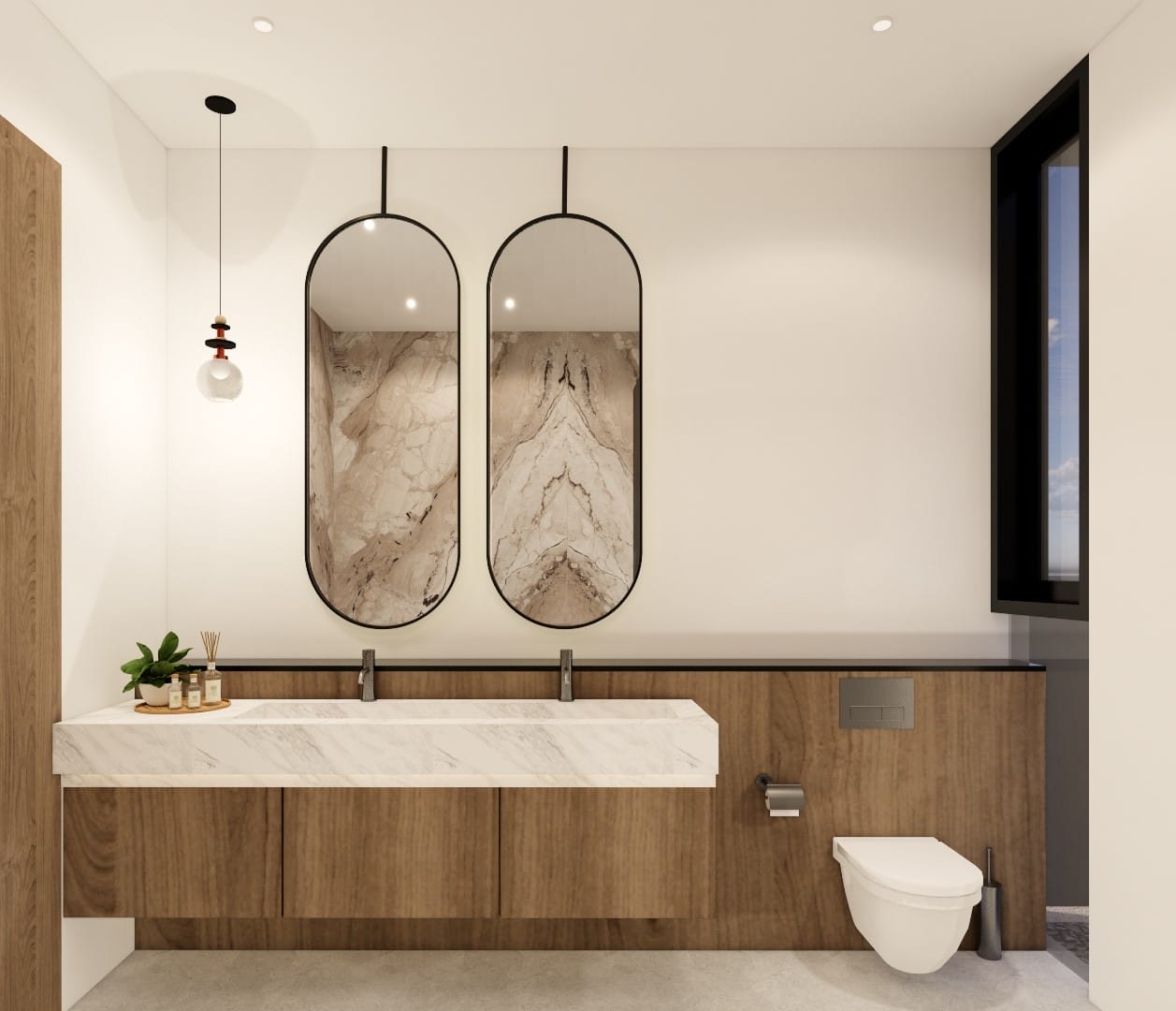 Modern bathroom with dual mirrors and marble accents.