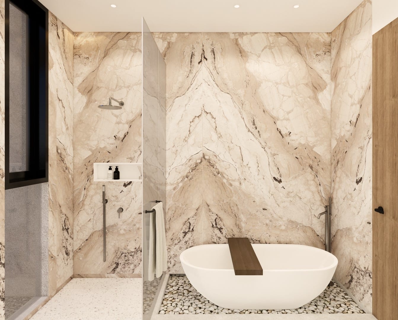 Luxurious bathroom with marble walls and freestanding tub.