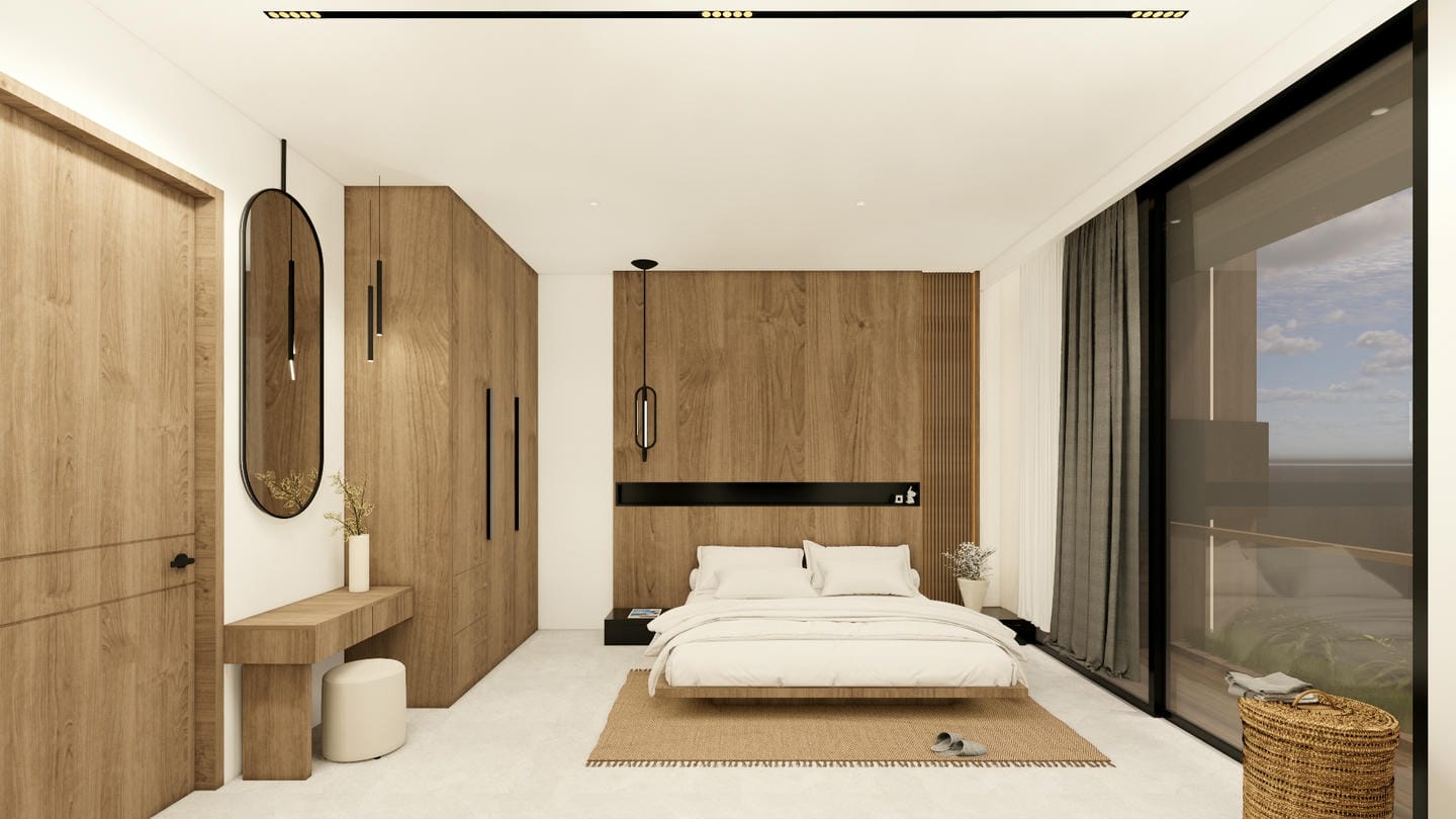Modern bedroom with wooden accents and large window.
