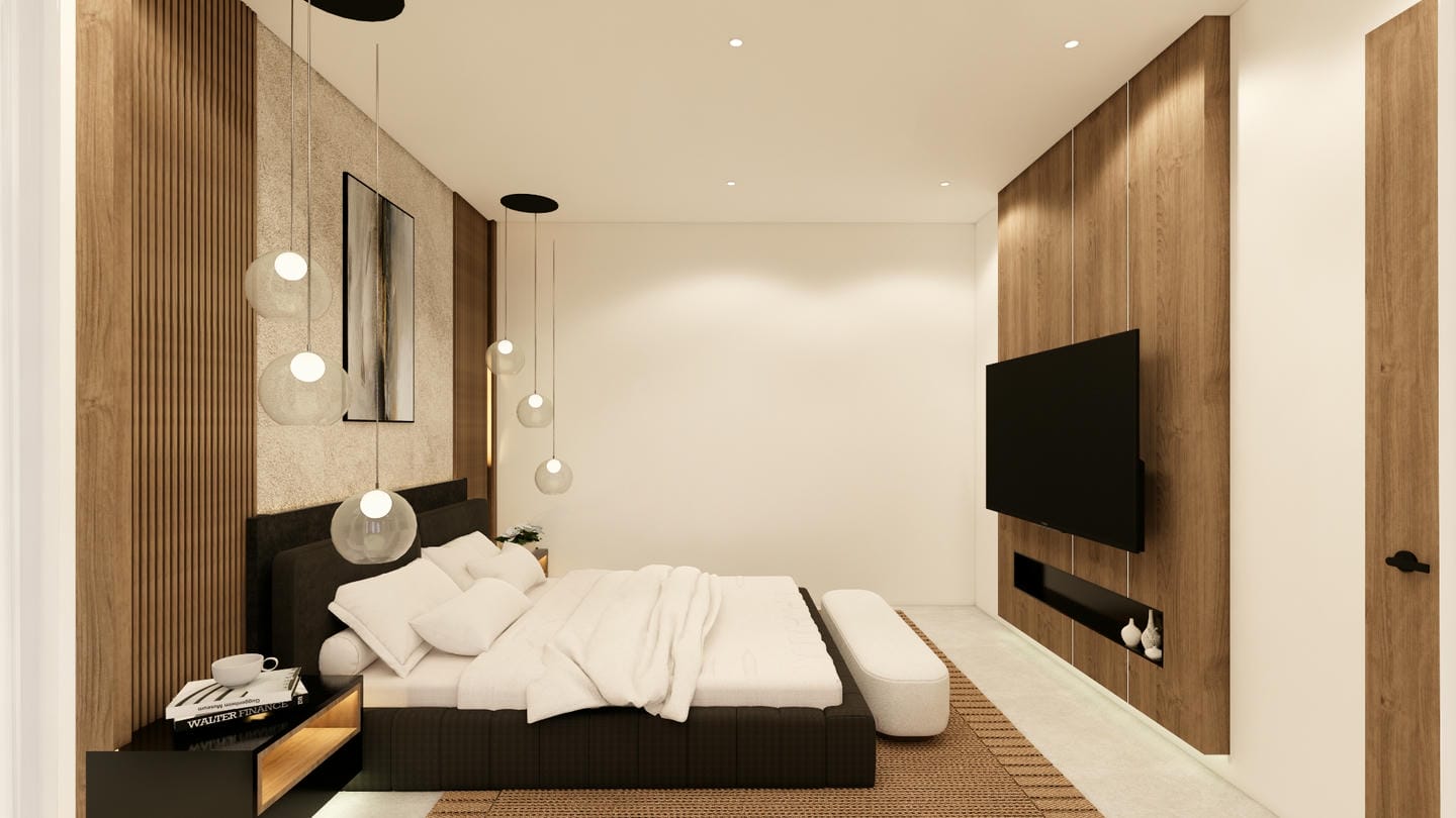 Modern bedroom with wood accents and TV