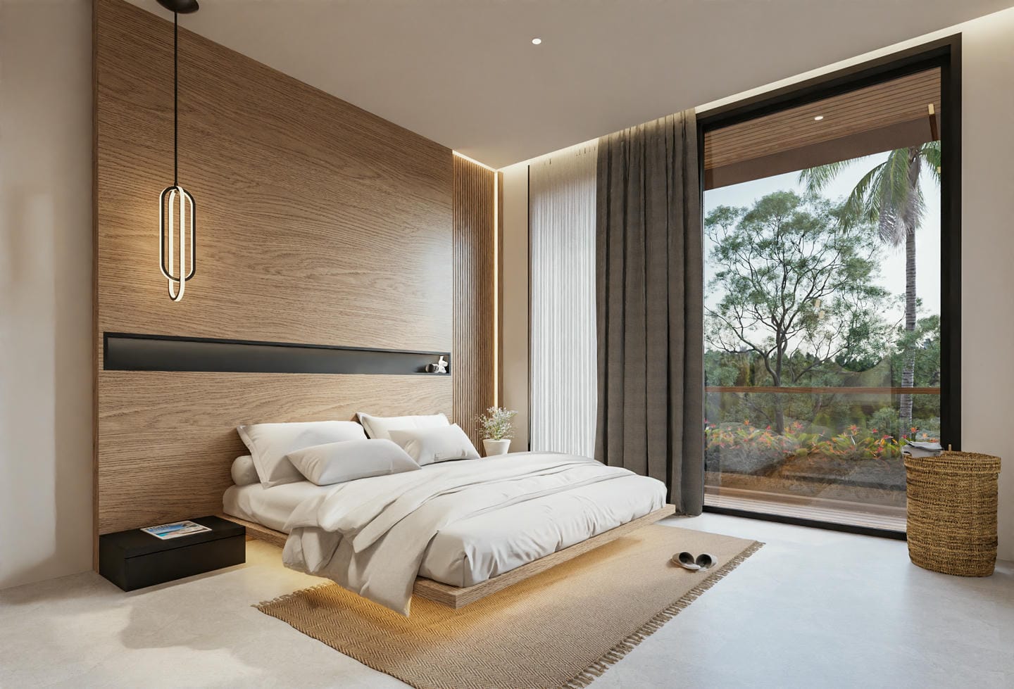 Modern bedroom with large window view.