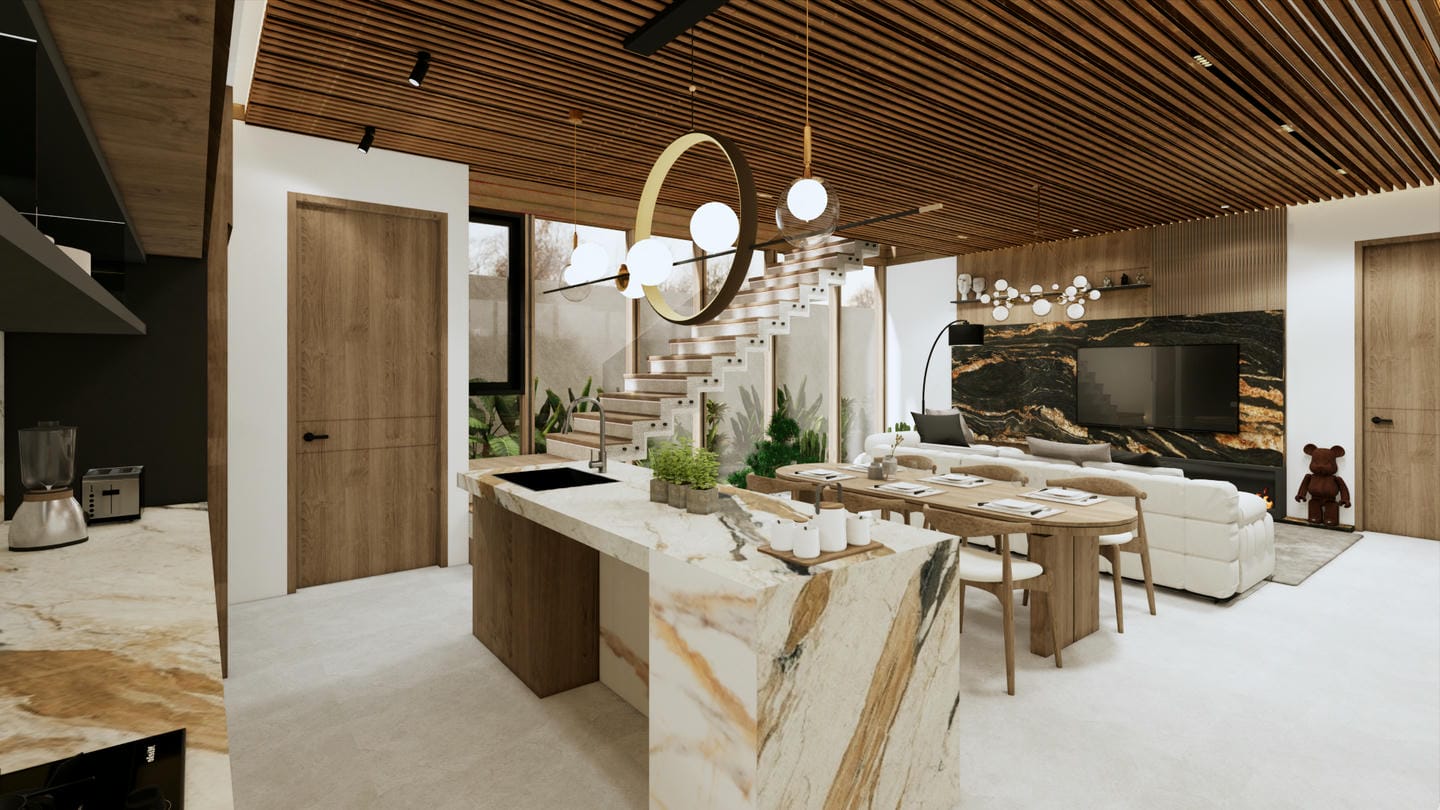 Modern kitchen and living room with staircase.