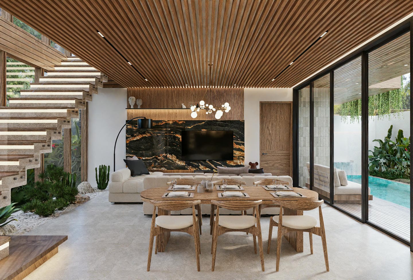 Modern living room with pool view and wooden accents.