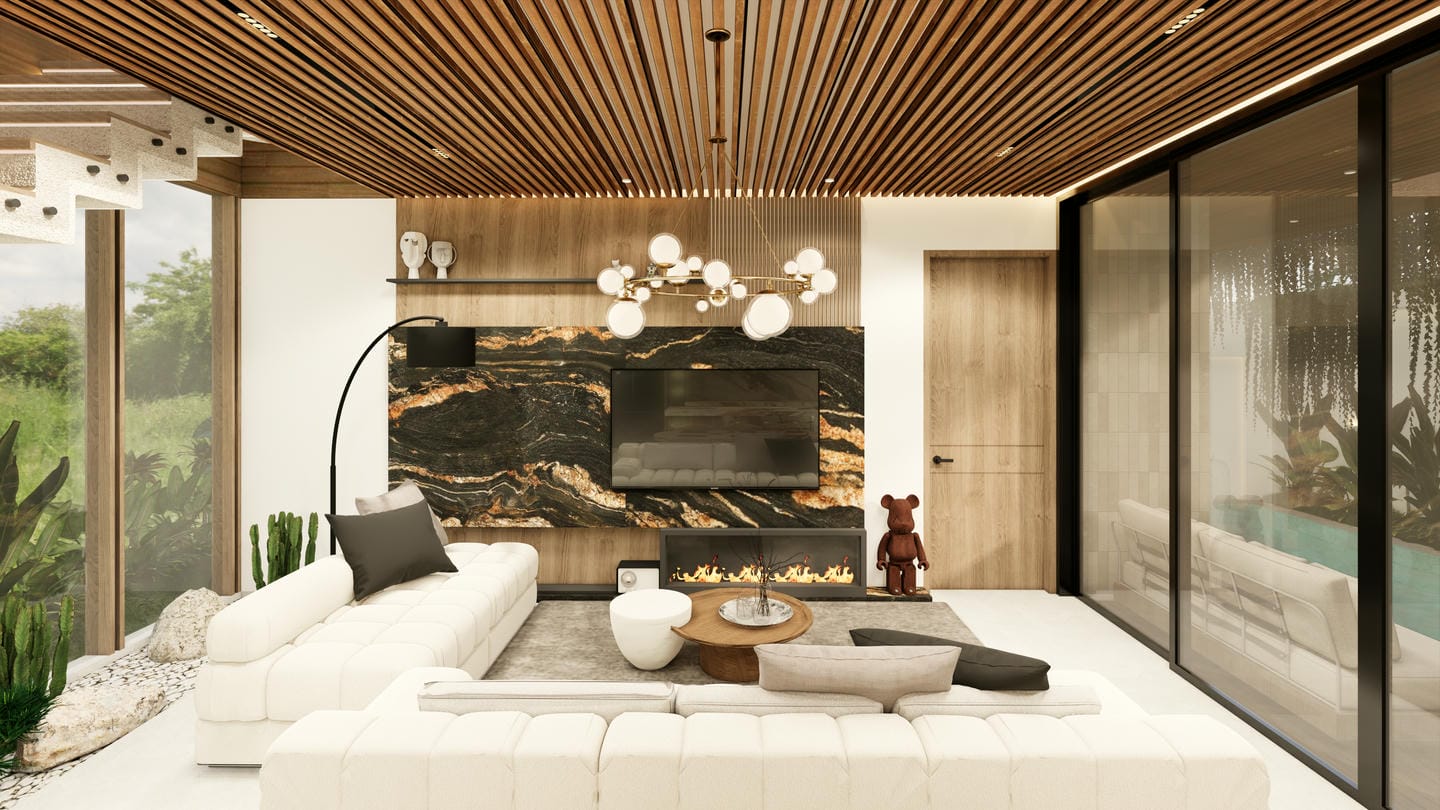 Modern living room with large windows and fireplace.