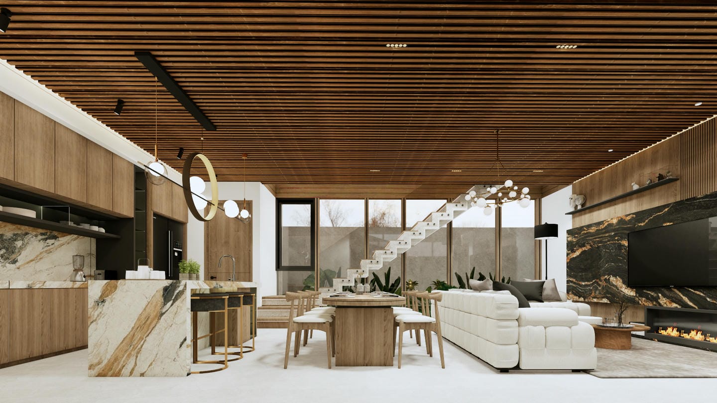Modern open-concept living room with wooden accents.
