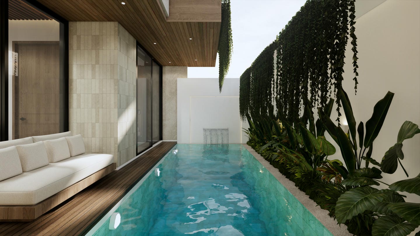 Modern pool with plants and wooden deck.