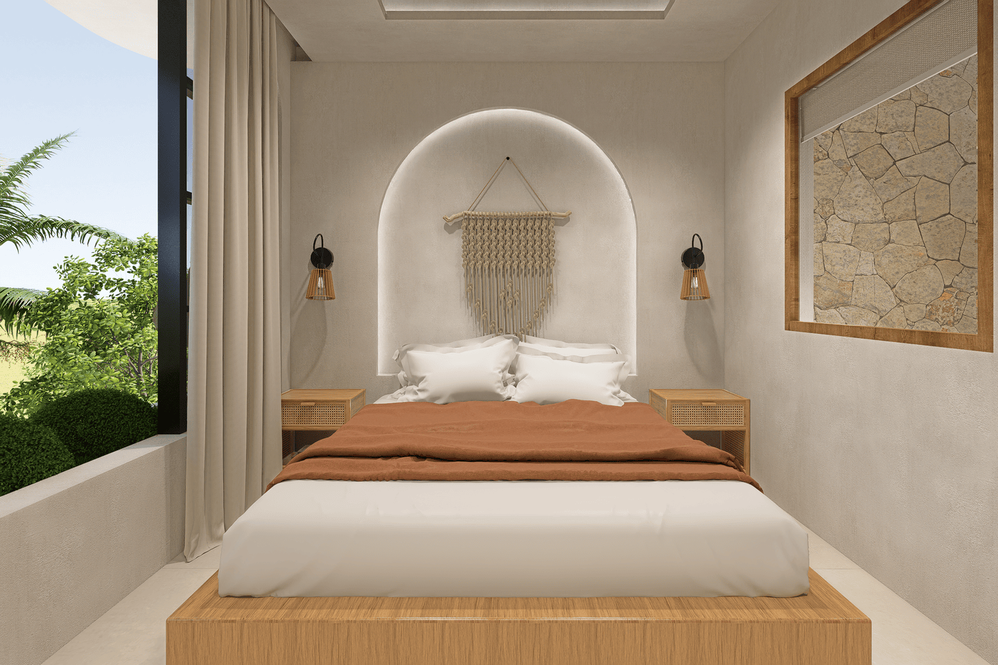 Modern minimalist bedroom with wooden accents.