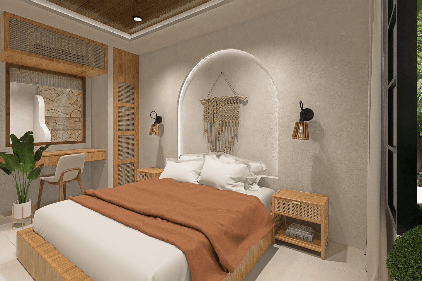Modern bedroom with wood furniture and decor