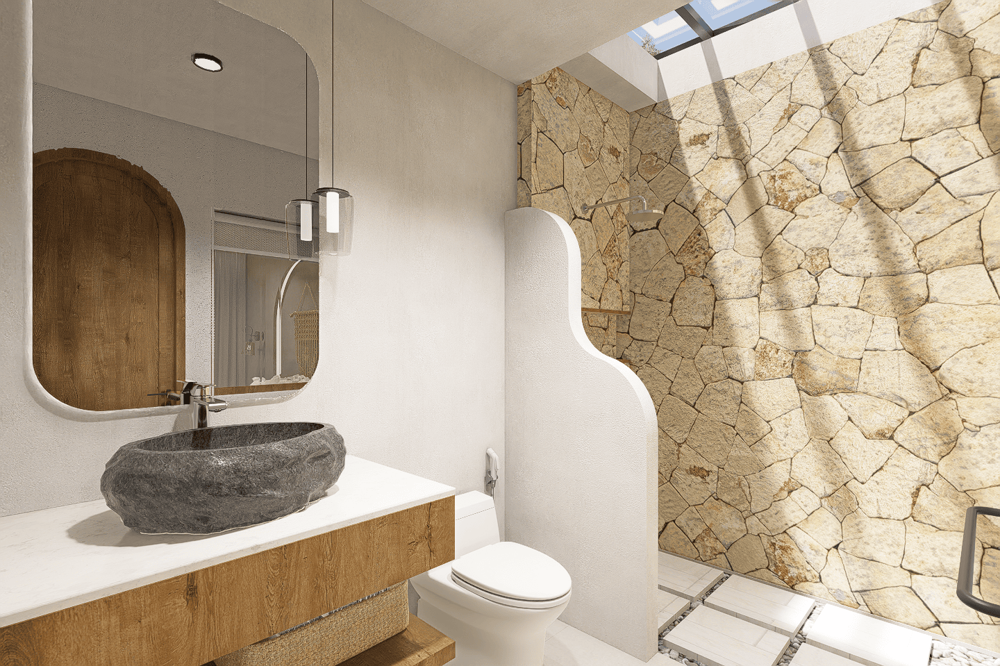 Modern bathroom with stone walls and unique sink.