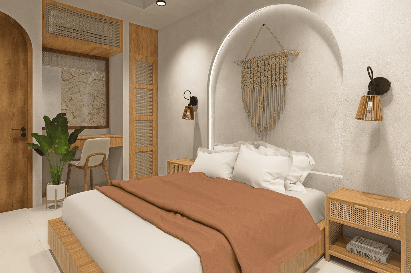 Modern bedroom with wooden decor and plants.