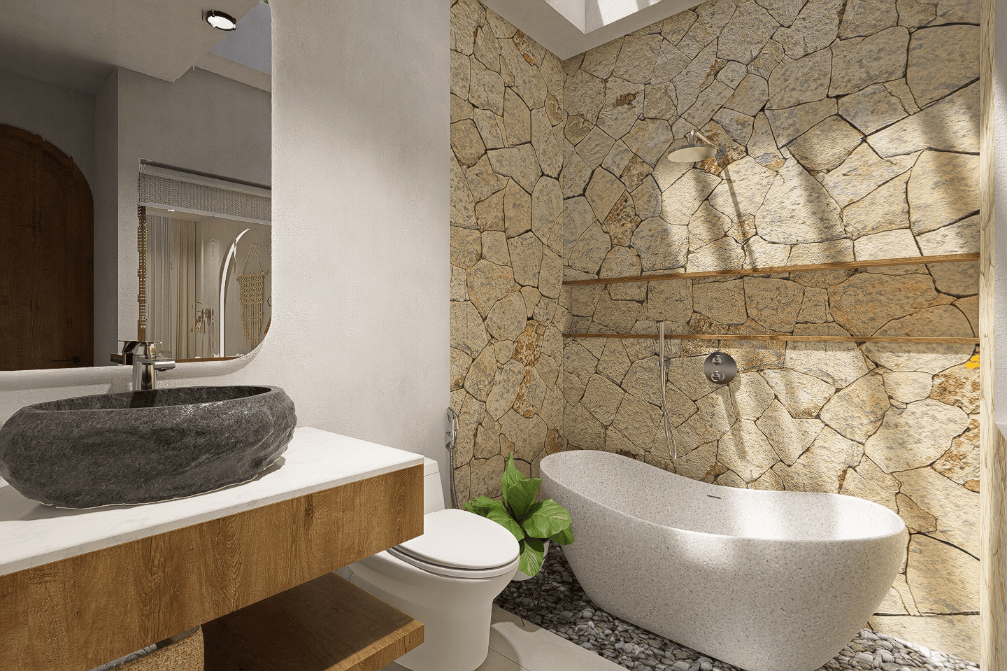 Modern bathroom with stone wall and oval bathtub.