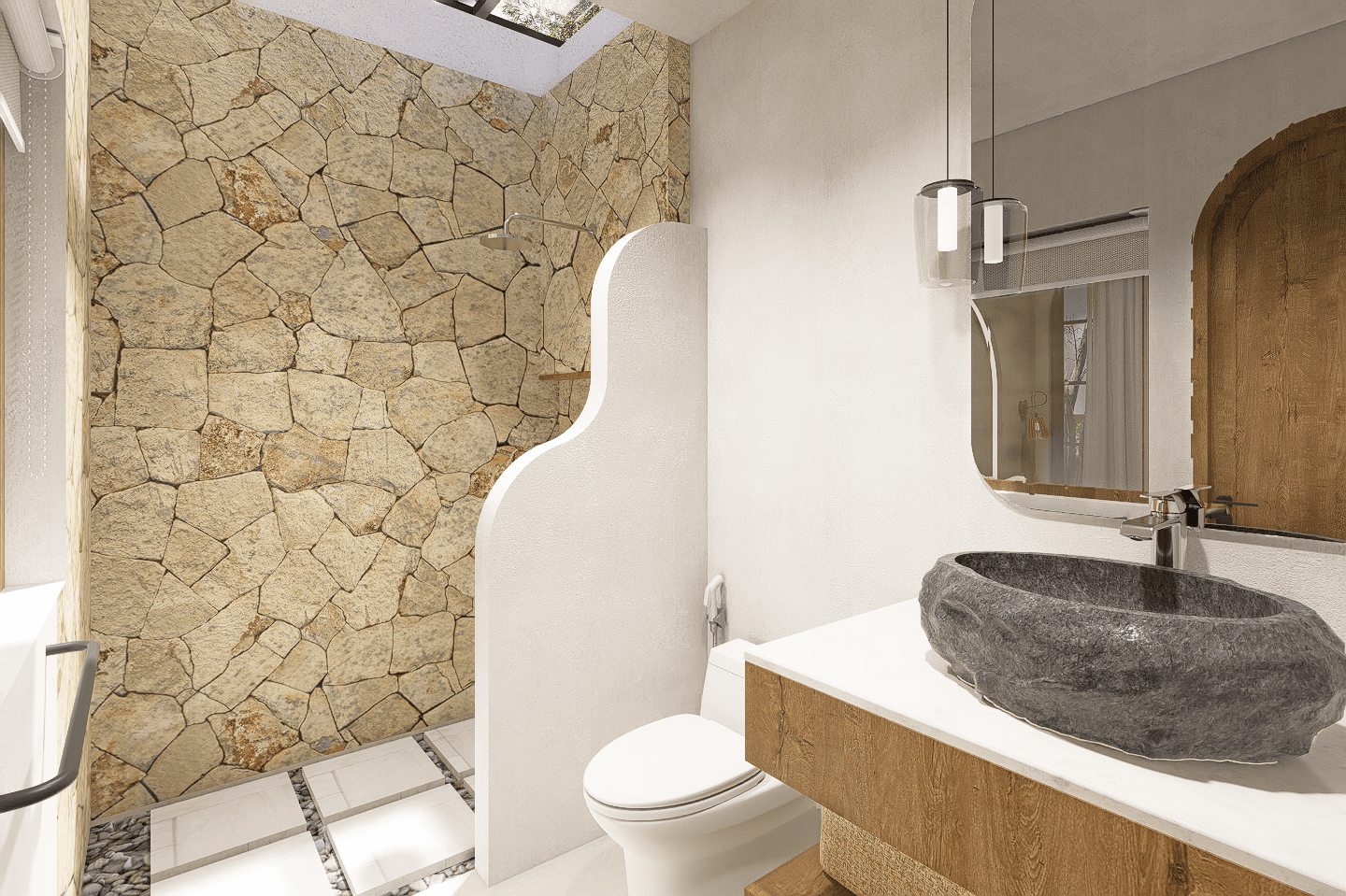 Modern bathroom with stone accent wall and skylight.