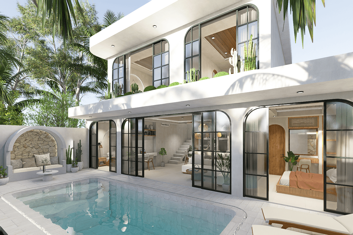 Modern white house with pool and garden.