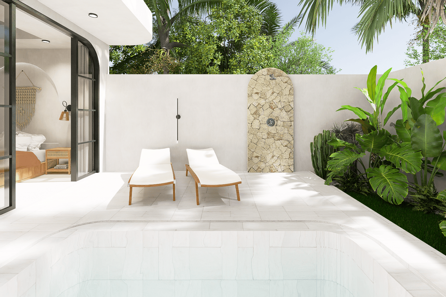 Modern patio with pool and lounge chairs