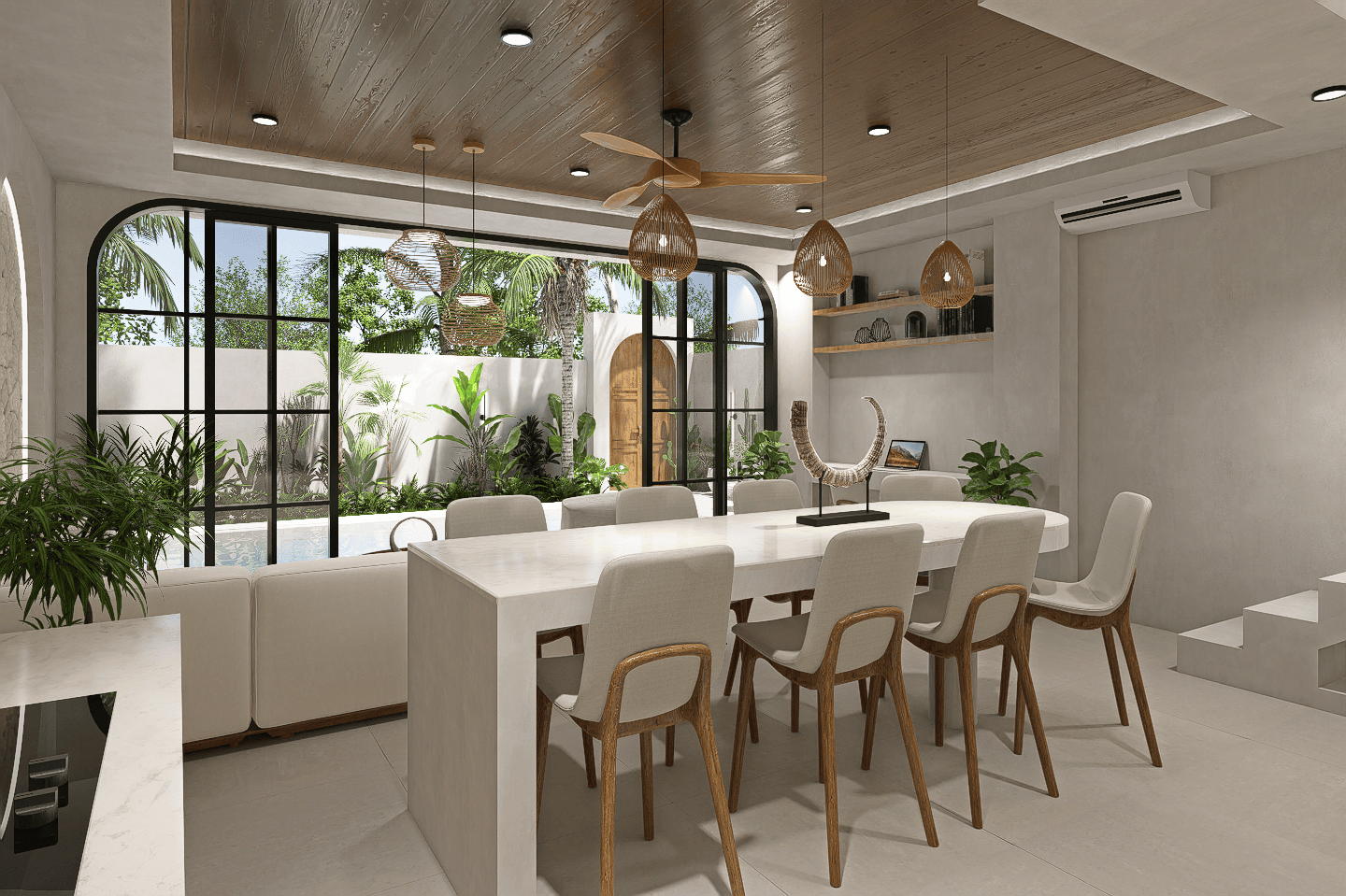 Modern kitchen with table and ceiling fan.
