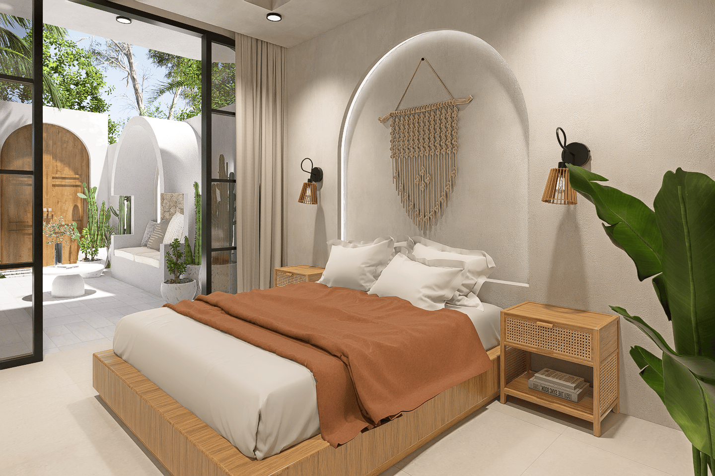 Minimalist bedroom with outdoor view and macrame decor