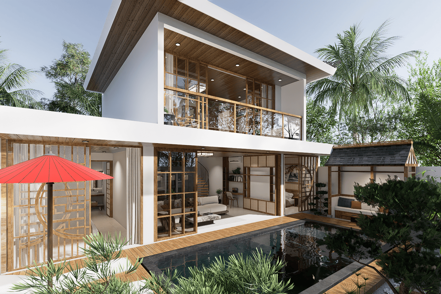 Modern house with pool and tropical garden