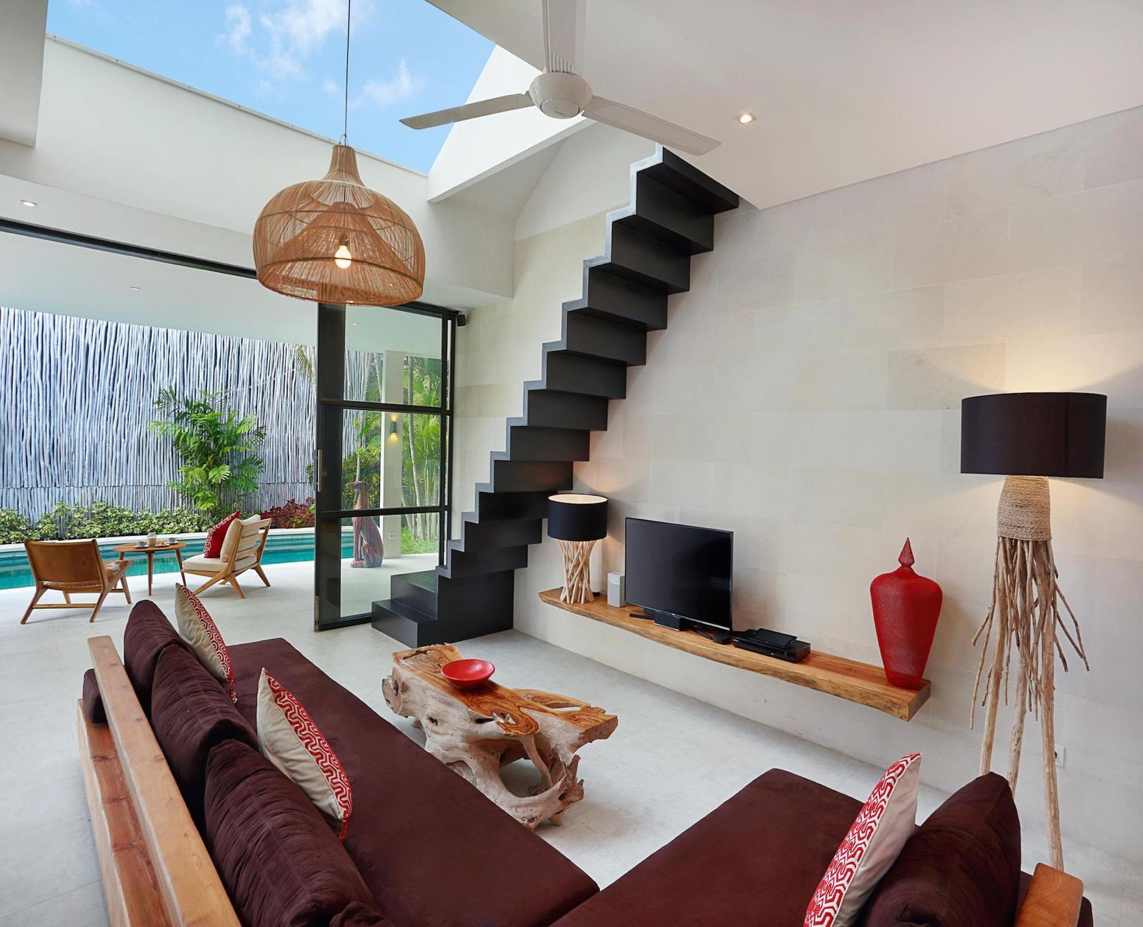 Modern living room with pool view
