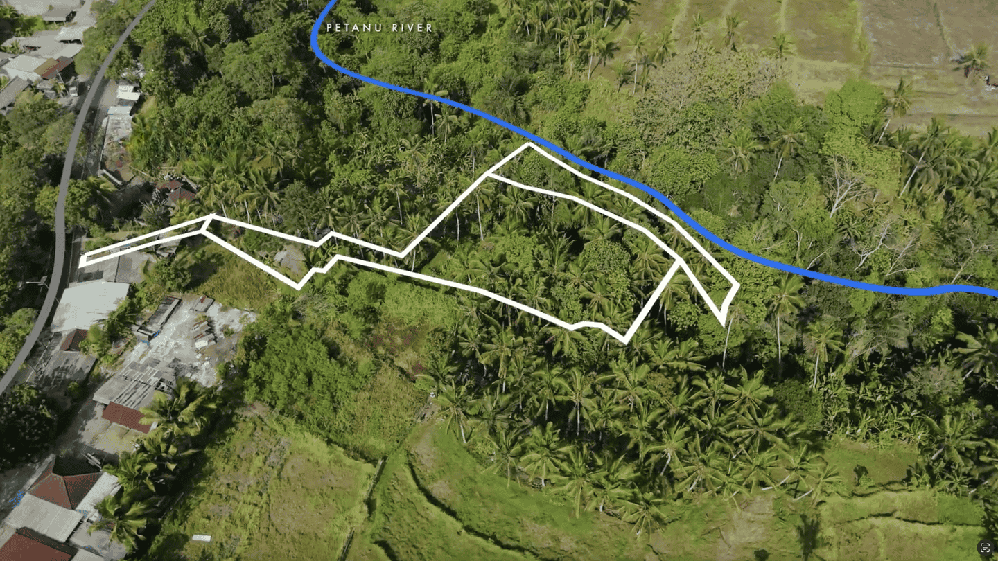 Drone view of tropical land with river boundary.