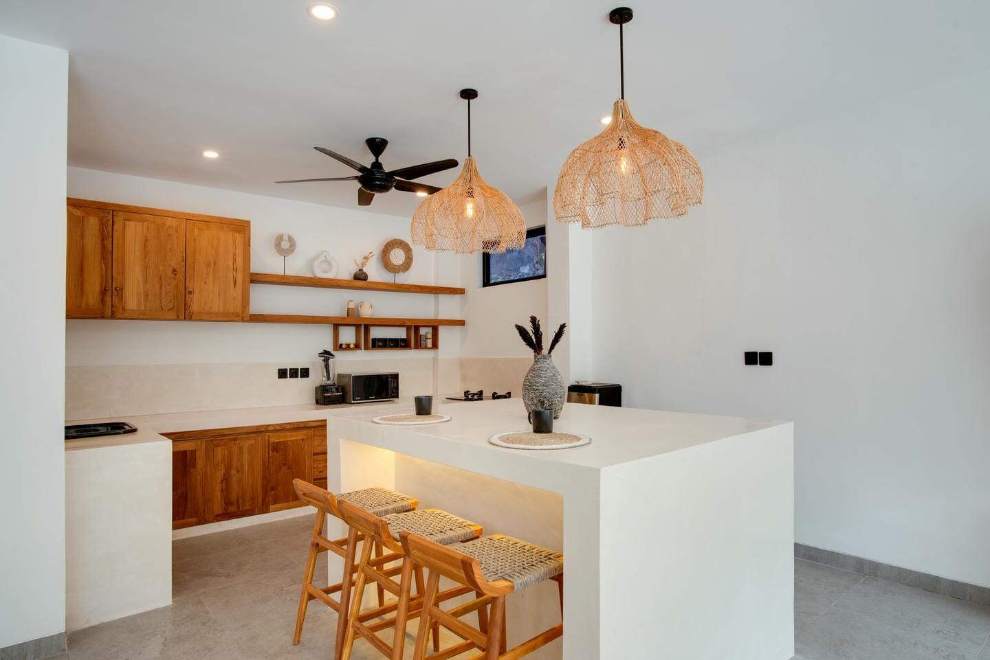 Modern kitchen with wooden accents and island.