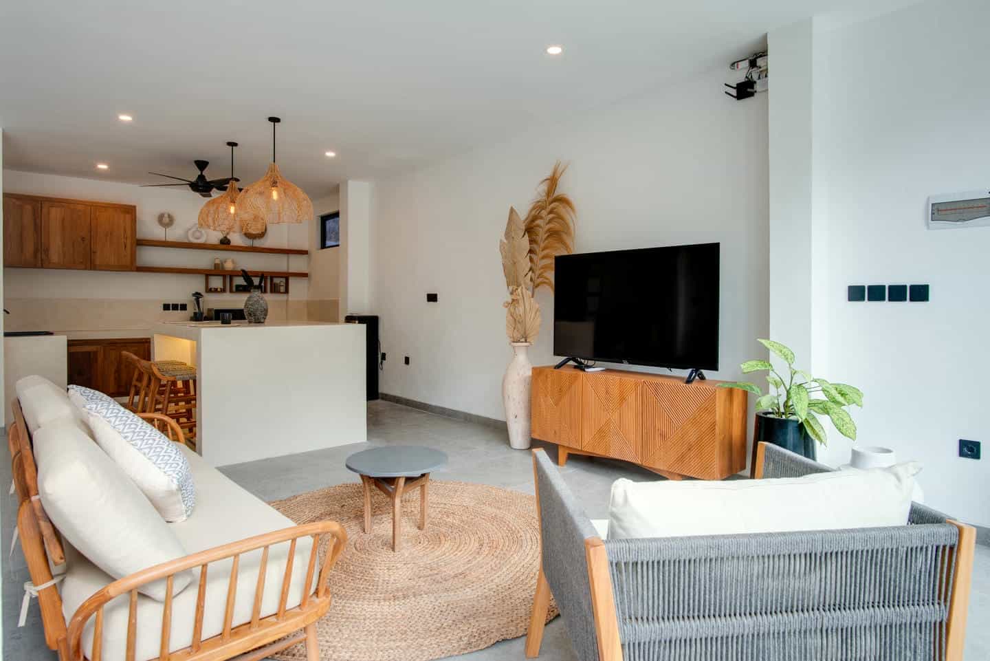 Modern living room with kitchen and TV.