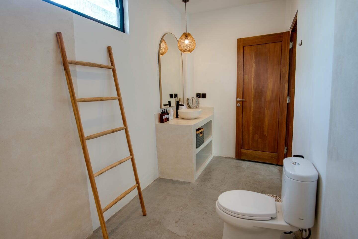 Minimalist bathroom with wood accents and ladder decor.