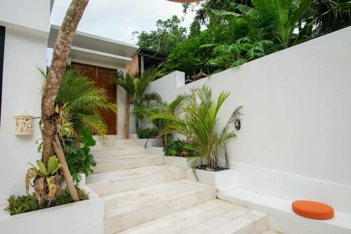 Modern villa entrance with tropical plants