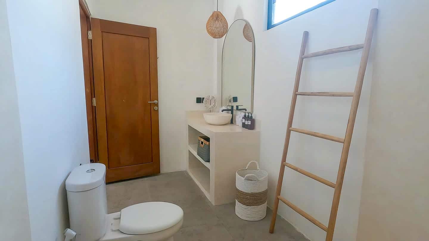 Modern bathroom with wooden ladder and fixtures