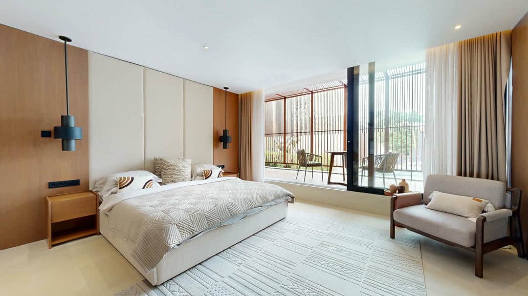 Modern bedroom with balcony and natural light