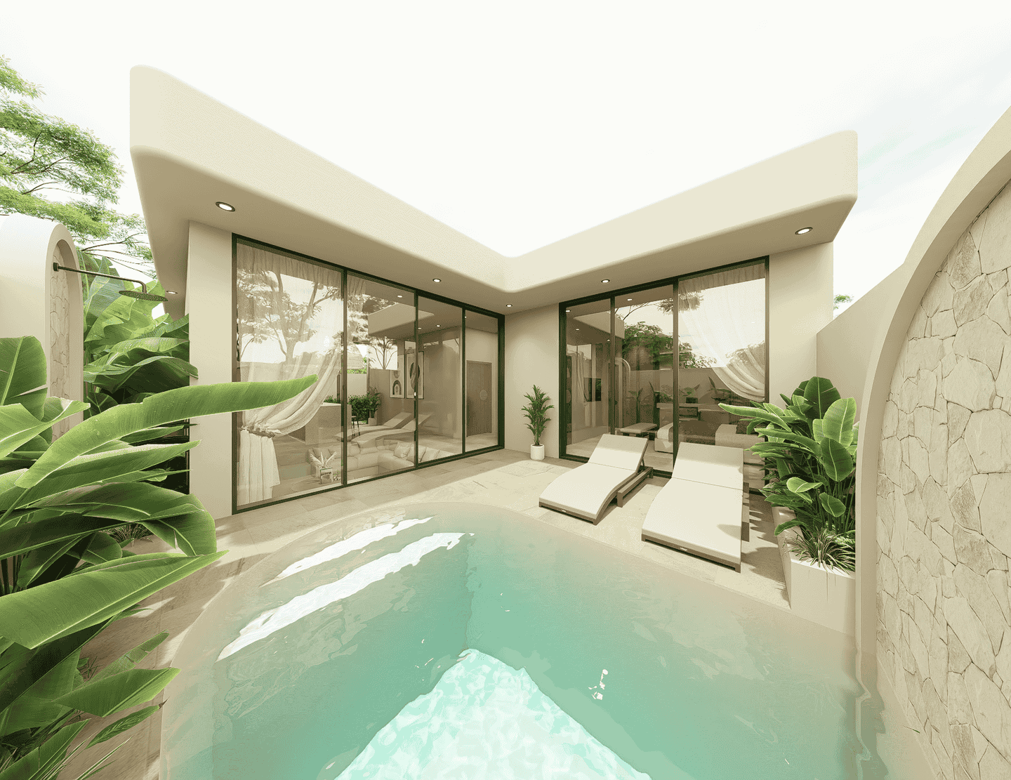 Modern villa with pool and lounge chairs.