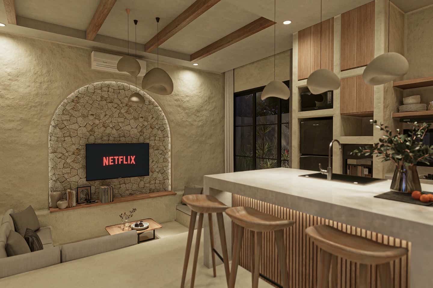 Modern living room with Netflix on TV.