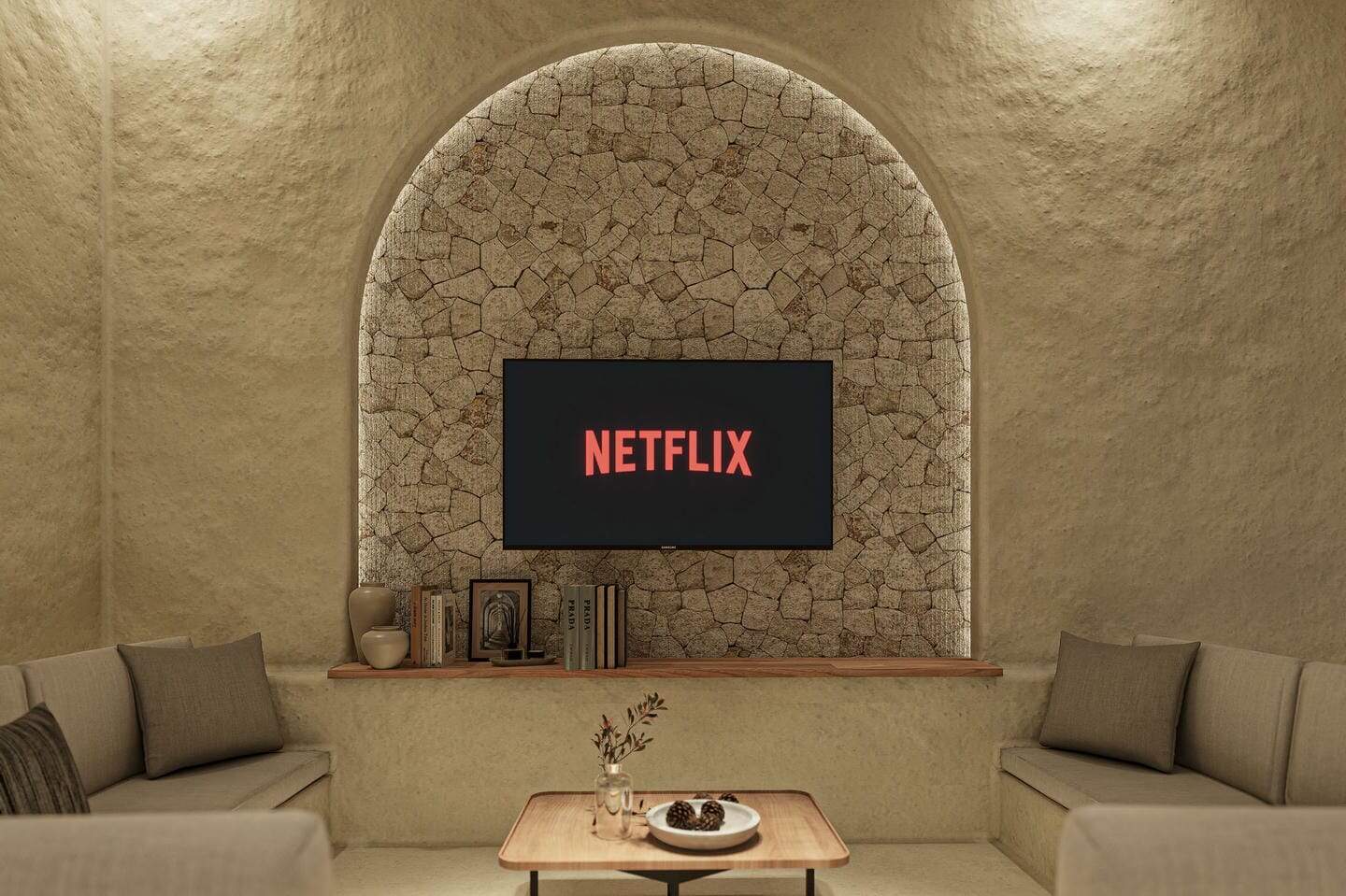 Cozy living room with Netflix on TV.