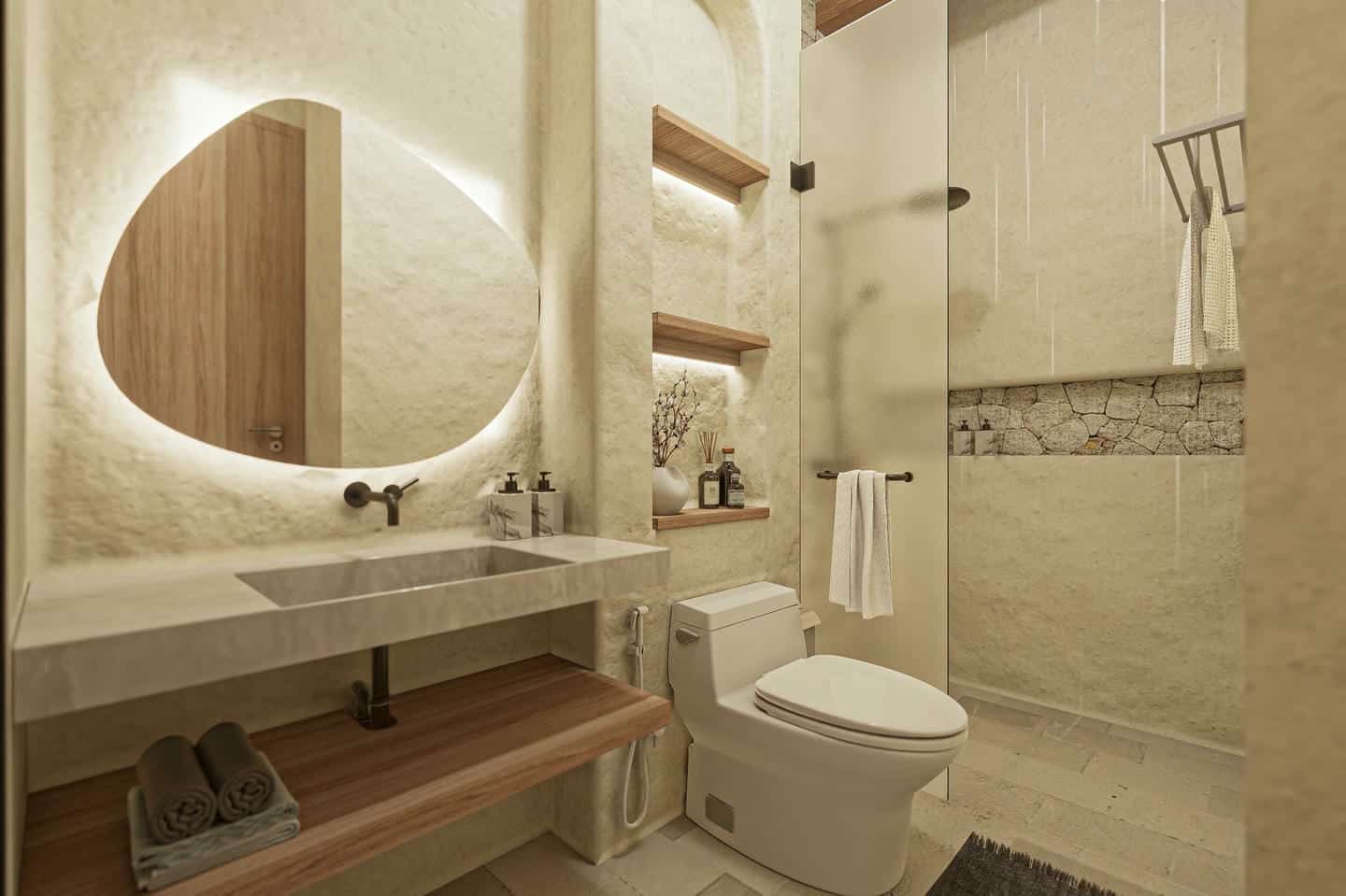 Modern minimalist bathroom with sleek fixtures.