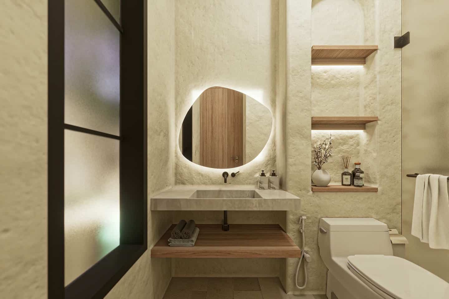 Modern bathroom with illuminated mirror and shelves.