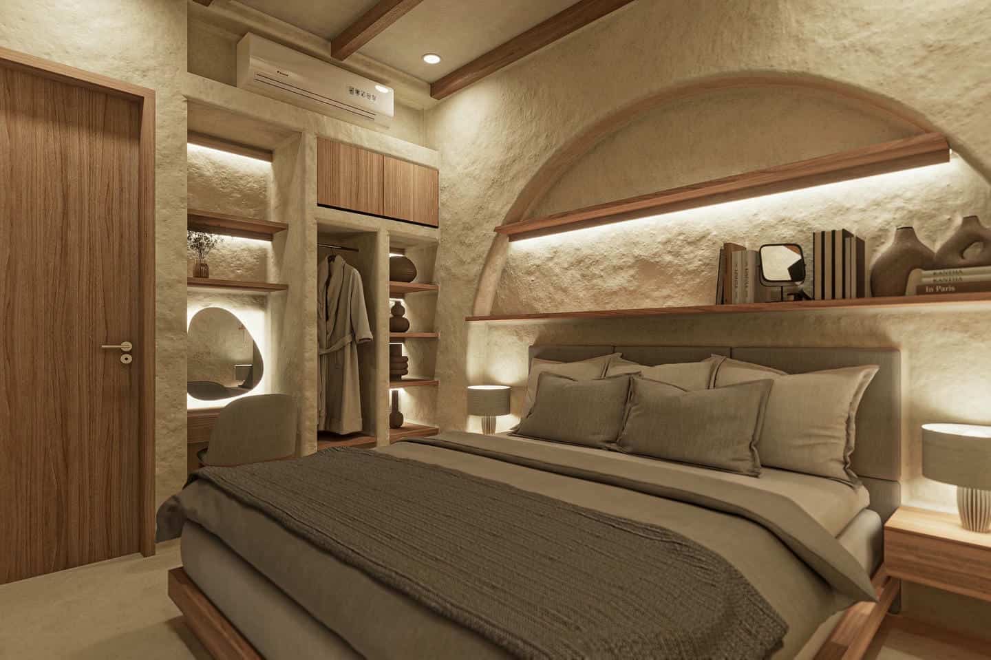 Cozy bedroom with rustic decor and warm lighting.