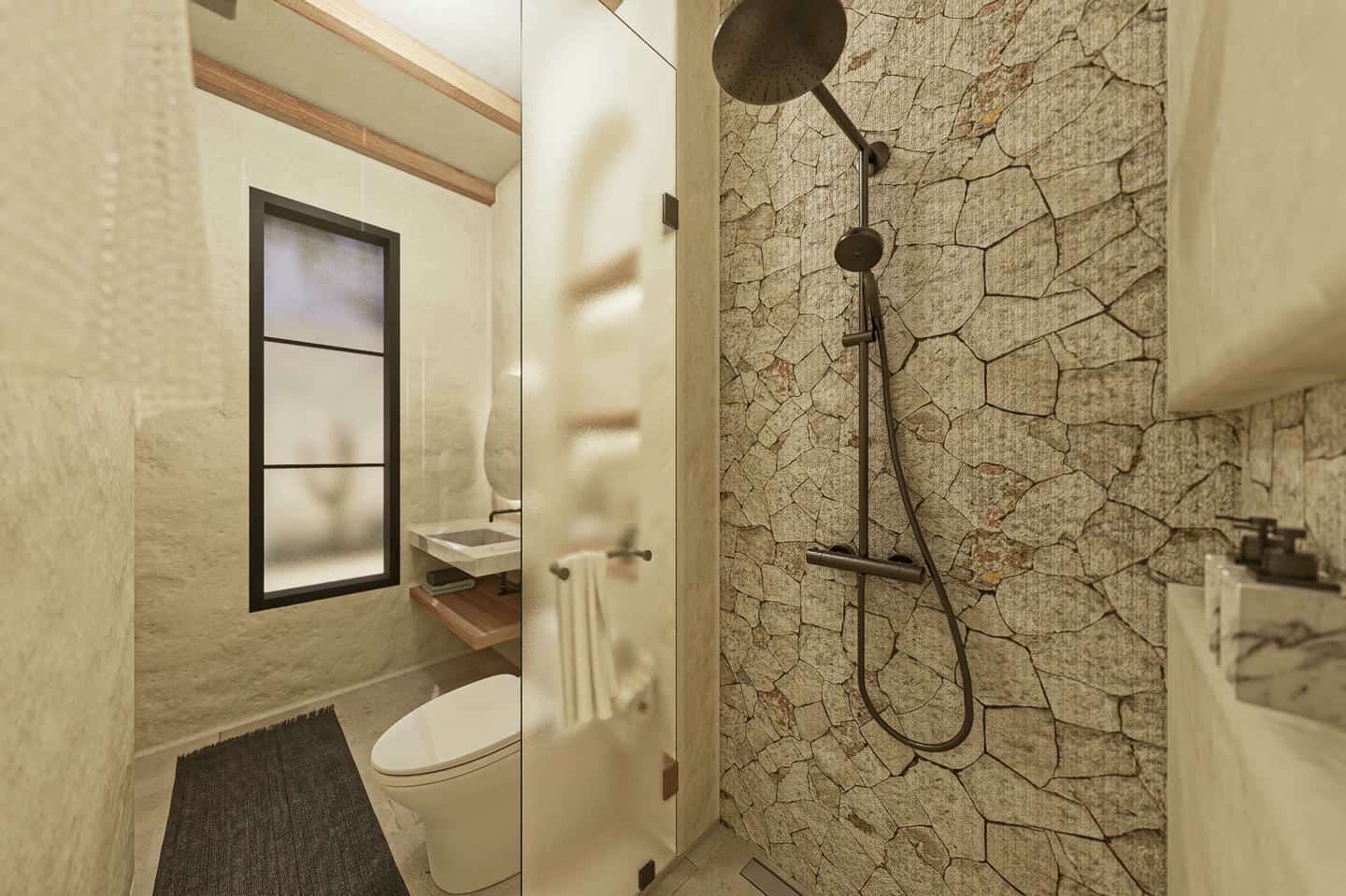 Modern bathroom with stone wall and rain shower