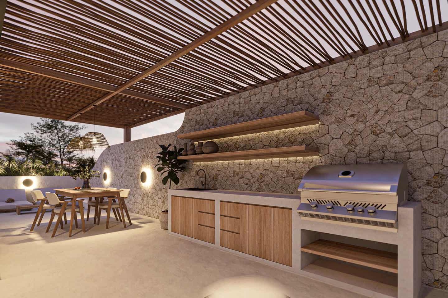 Outdoor kitchen with stone walls and wood accents.