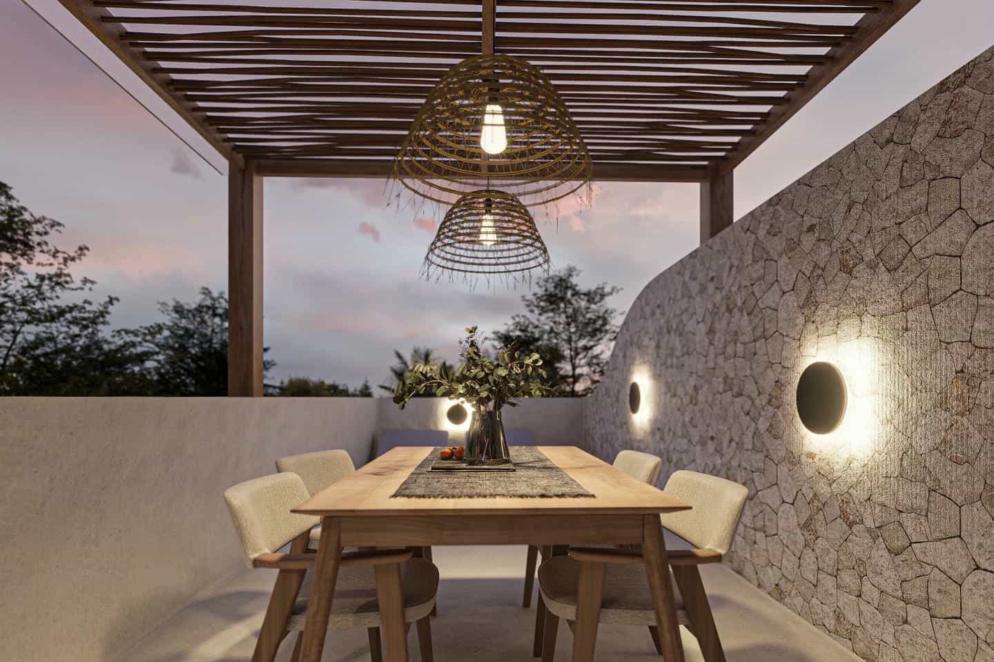 Modern outdoor dining area with hanging lights