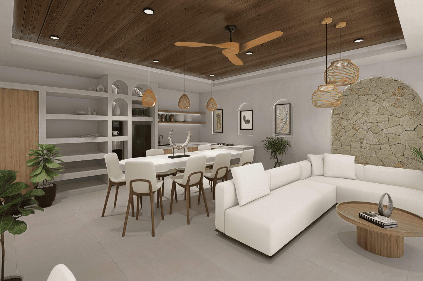 Modern living room with dining area and plants