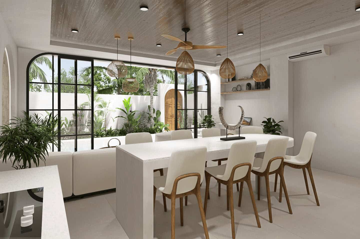 Modern dining room with natural light and plants
