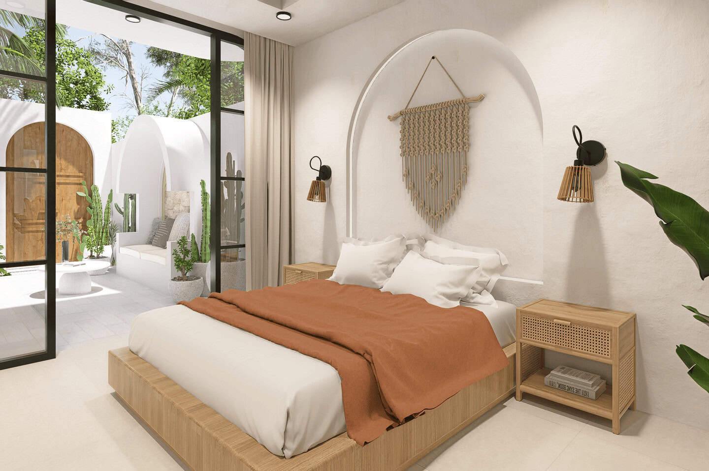 Modern bedroom with plants and natural lighting