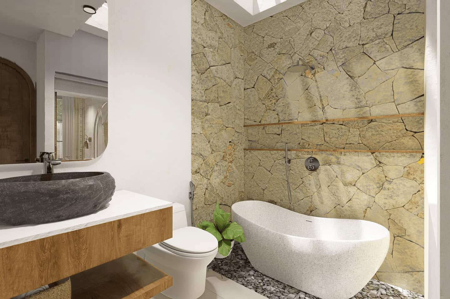 Modern bathroom with stone wall and freestanding tub.