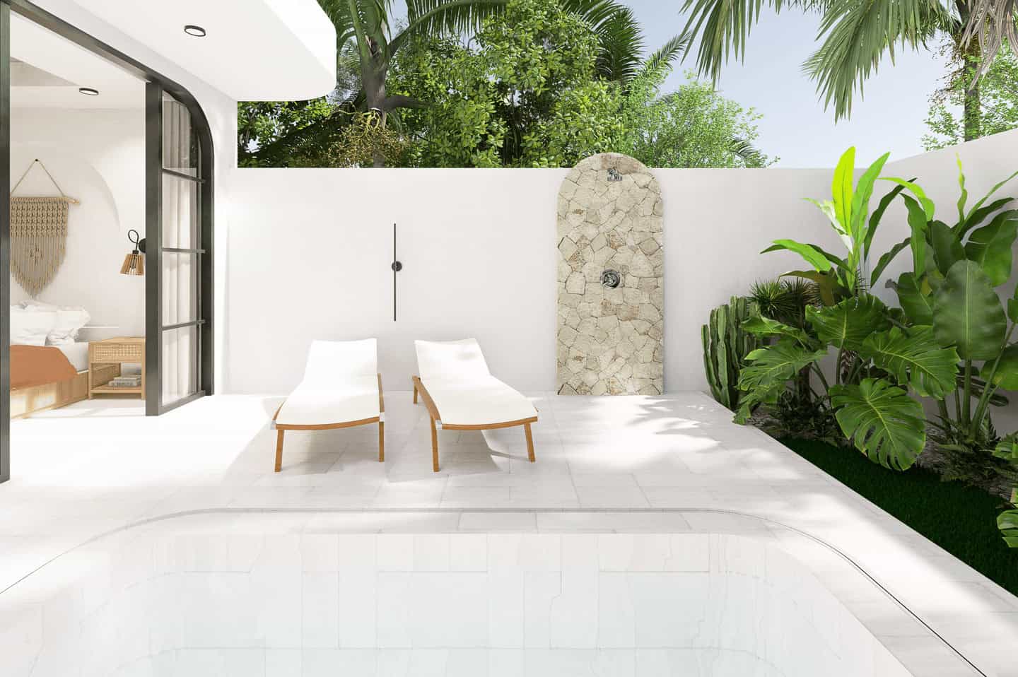 Outdoor pool with chairs and tropical plants