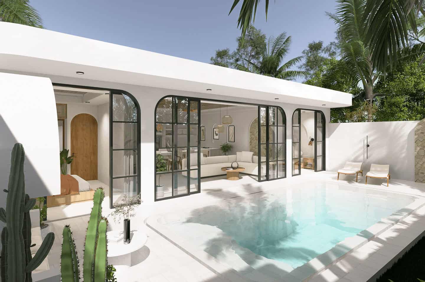 Modern house with pool and glass doors