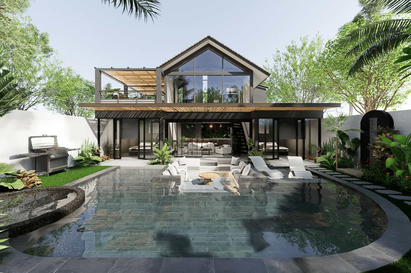 Modern house with pool and garden view