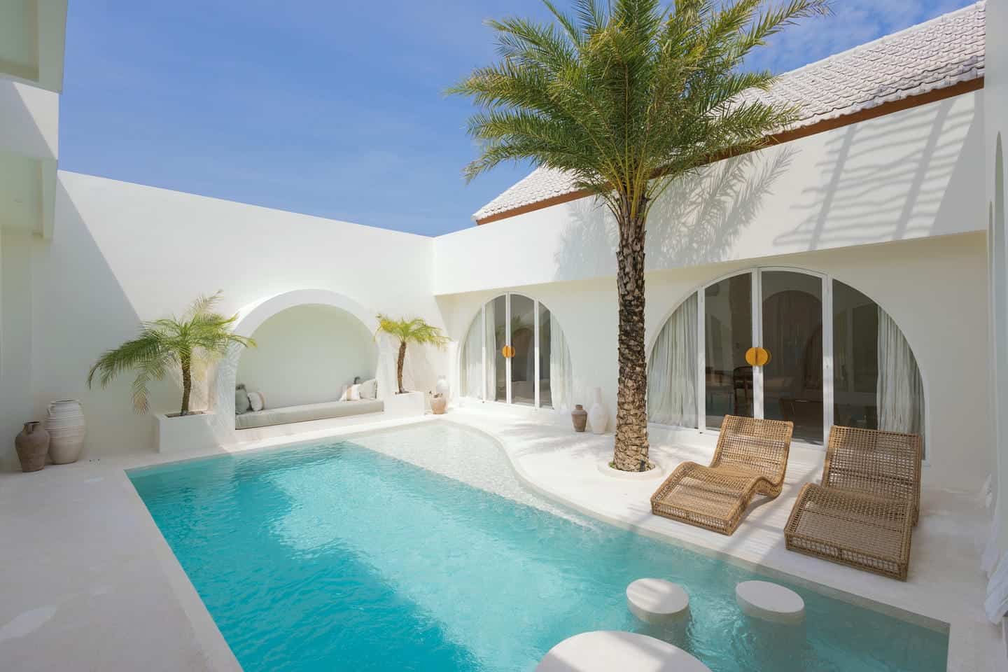 Modern patio with pool and palm tree