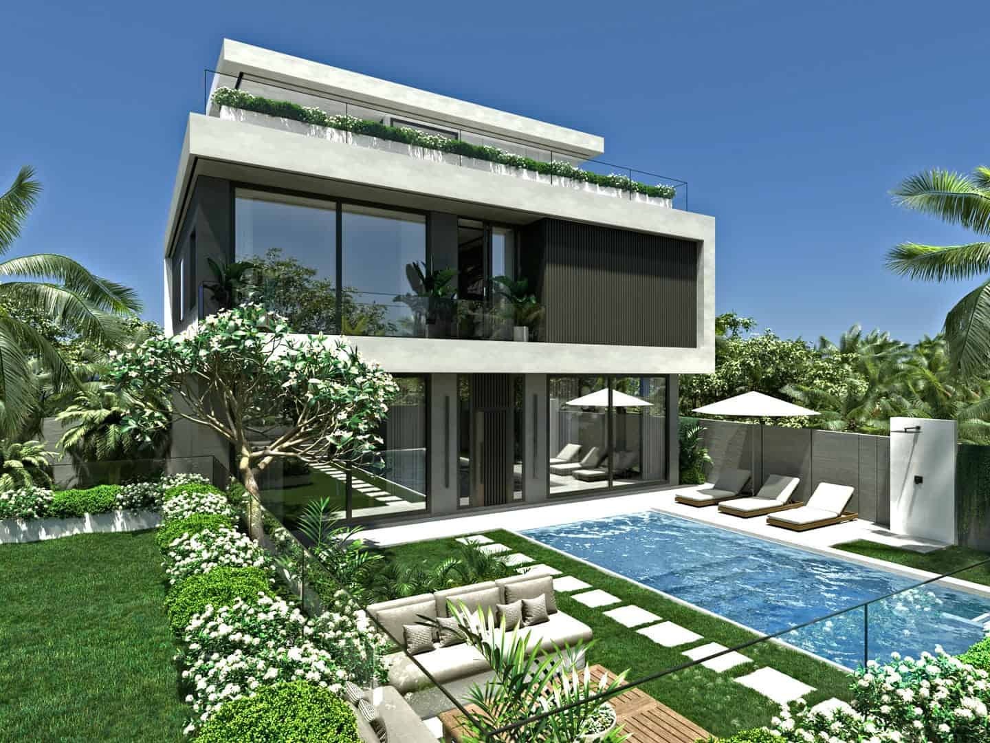 Modern villa with pool and garden view